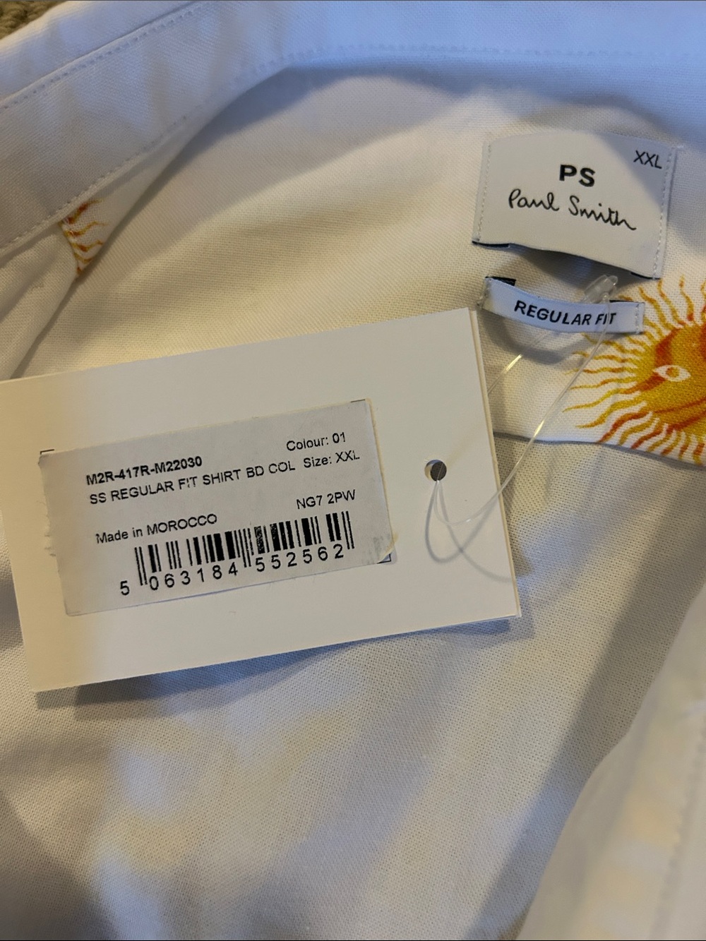 Paul Smith White Short-Sleeve Button-Down Shirt with Yellow Sun pattern xxl/xl - Picture 3 of 4